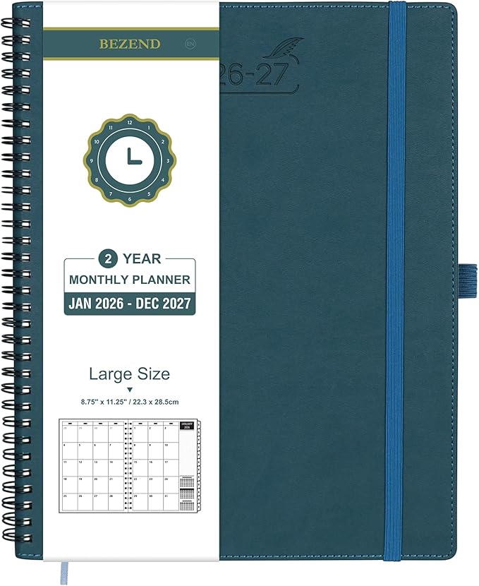 BEZEND Monthly Planner 2026-2027 (Spiral-8.5" x 11") 2 Year Calendar Book with Note Pages - Jan 26 to Dec 27-120 GSM Paper, Inner Pockets, Laminated Tabs, Vegan Leather Softcover - Dark Green
