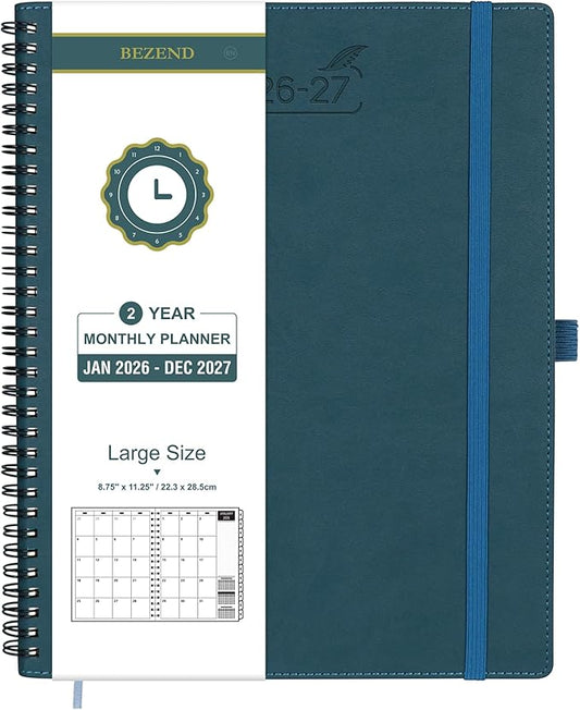 BEZEND Monthly Planner 2026-2027 (Spiral-8.5" x 11") 2 Year Calendar Book with Note Pages - Jan 26 to Dec 27-120 GSM Paper, Inner Pockets, Laminated Tabs, Vegan Leather Softcover - Dark Green