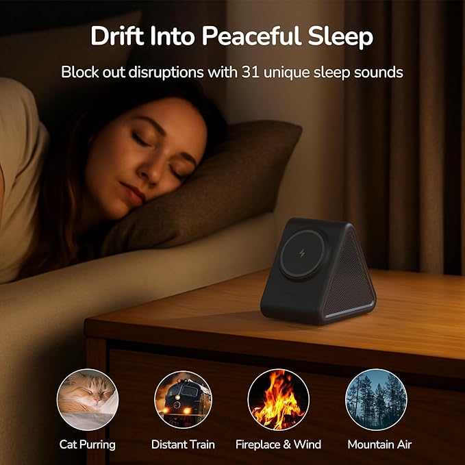 Housbay Sound Machine with Magnetic Wireless Charger for iPhone,2-in-1 Design for Clutter-Free Nightstand,Dual-Speaker Stereo Sound for Sleeping - Black