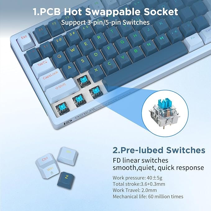 HUO JI 96% Wireless Mechanical Keyboard, Hot Swappable, Pre-lubed Blue Switches, Gasket Structure, Bluetooth/2.4GHz/USB-C, Led Backlit Sidelit, Custom Gaming Keyboard for PC (Blue)