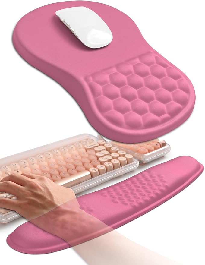 Hokafenle 2in1 Combination, Wave Keyboard Wrist Rest and Ergonomic Curvature Mouse Pad Wrist Support for Relieve Wrist Pain, Filled with Soft Cushion Memory Foam, Tough Guy Pink