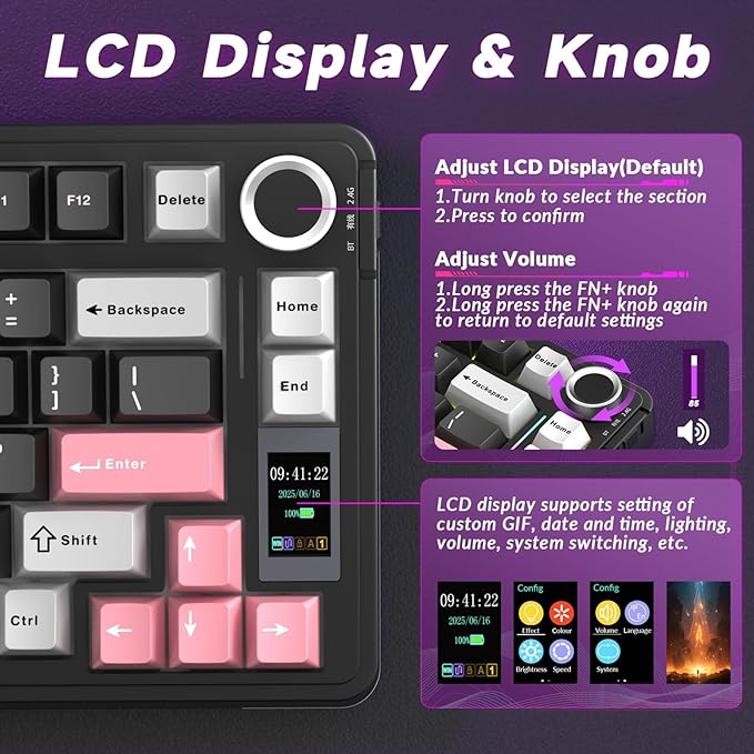 AULA S75 PRO Wireless Mechanical Keyboard with Screen&Knob, 75% Hot Swappable Gaming Keyboard with Pre-lubed Switches, RGB Backlit, PBT Keycaps Creamy Sounding Pc Gaming Keyboards