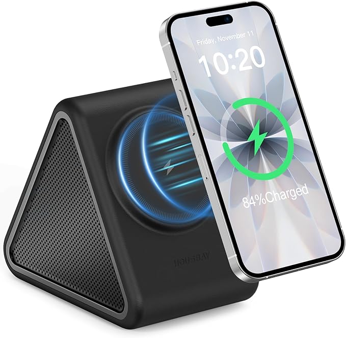 Housbay Sound Machine with Magnetic Wireless Charger for iPhone,2-in-1 Design for Clutter-Free Nightstand,Dual-Speaker Stereo Sound for Sleeping - Black