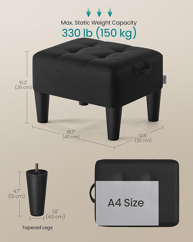 SONGMICS Foot Stool with Legs, Small Footstool Ottoman, Linen-Look Fabric Seat with Thick Cushion, for Living Room, Bedroom, Entryway, 330 lb Weight Capacity, Ink Black ULOM502B01