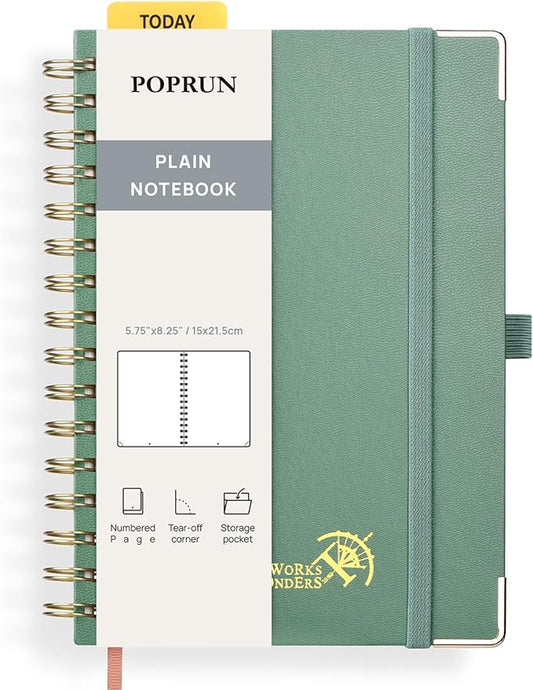 POPRUN Blank Journal Notebook, [A5-5.75'' x 8.25''] - 120 GSM Thick Paper, 141 Numbered Pages, Spiral Hardcover for Men & Women with Pocket, Index Tabs, 8 Perforated Sheets, Midnight Green