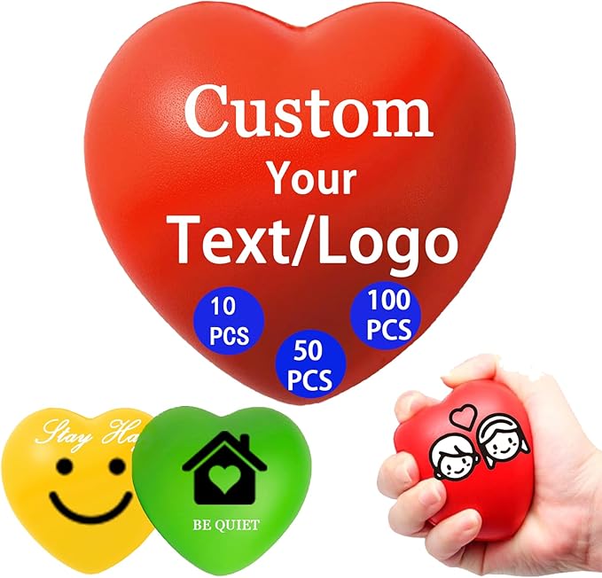 10/50/100 PCS Custom Stress Balls with Logo Text Personalized Stress Balls Bulk for Adults Relief Encouraging for Office,School,Events (Heart Stress Ball)