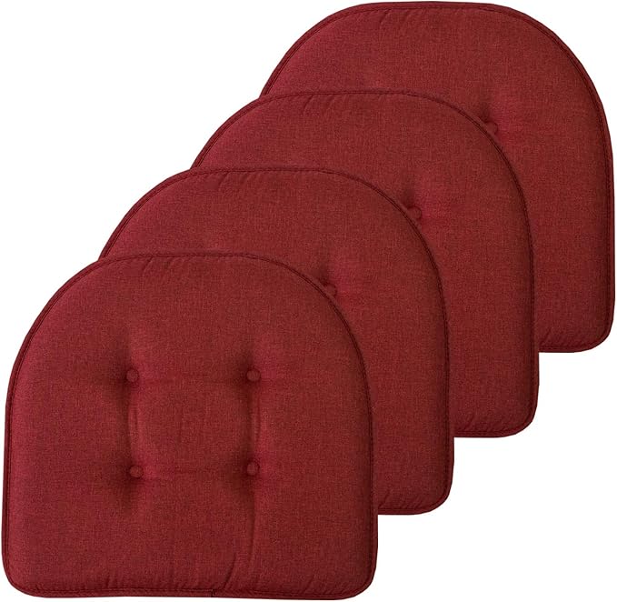Sweet Home Collection Chair Cushion Memory Foam Pads Tufted Slip Non Skid Rubber Back U-Shaped 17" x 16" Seat Cover, 4 Count (Pack of 1), Wine Burgundy