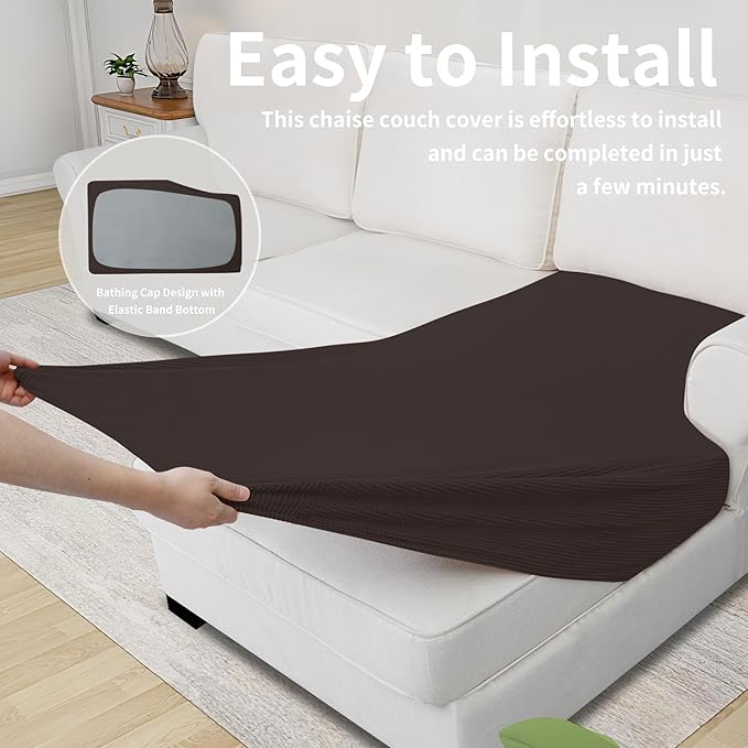 Easy-Going Stretch Sectional Couch Covers 1 Piece Chaise Lounge Slipcover L Shape Separate Cushion Couch Seat Chaise Cover for Both Left/Right Sectional Couch Chocolate