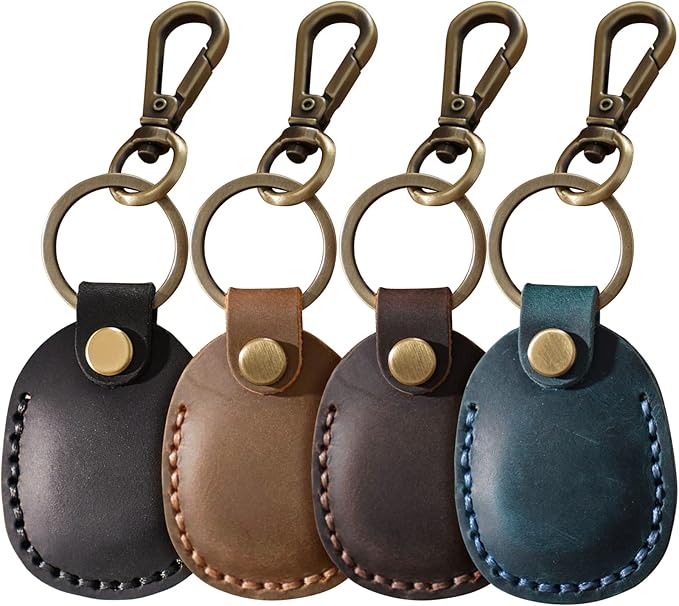 for Airtag Holder [4 Pack] Compact Handmade Genuine Leather Air Tag Holder Keychain with Keyring Full Coverage Case Cover Compatible for AirTag