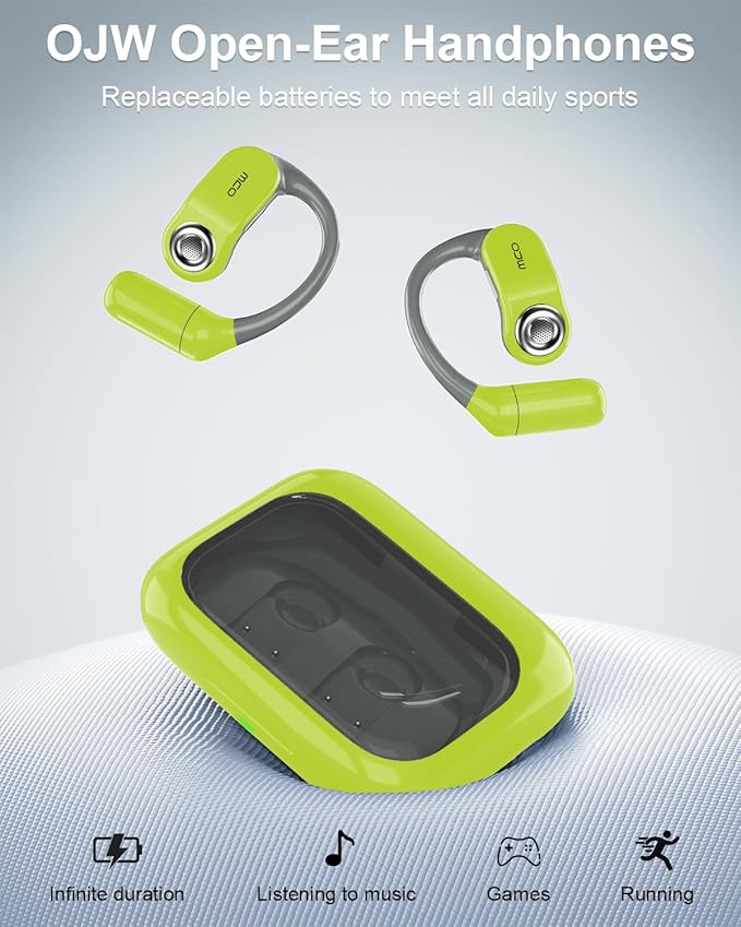 OJW Open Ear Headphones, Unlimited Power Earphones with Case & Replaceable Battery, OWS Bluetooth 5.4 Wireless Headphone with Mic, IPX7 Waterproof Headset for Sports, Compatible with iPhone & Android