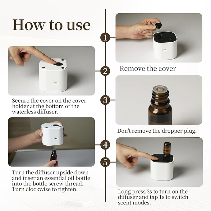 Waterless Essential Oil Diffuser Scent Diffuser with Battery Operated,Cycle Star,3 Mist Modes,Cordless Diffusers for 400 sq.ft Home Bedroom Office Desk,Includes 30ml Oil,White