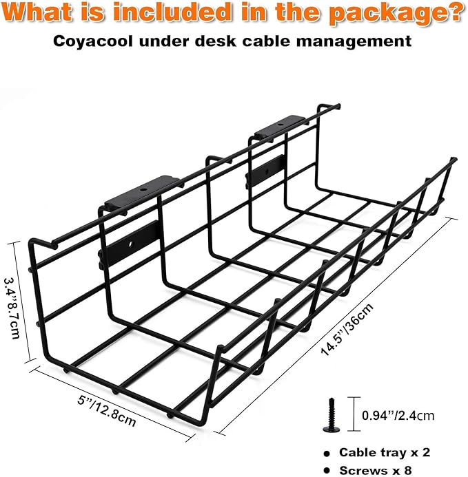 Under Desk Cable Management- 2 Pack Cord Organizer. Metal Wire Cable Management Tray for Office, Studio and Home. Super Sturdy Under Table Cable Management - Black Cable Organizer