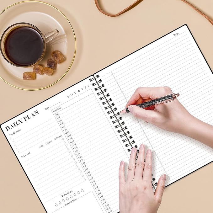 Daily Planner Undated - A4 To Do List Notebook Hourly Schedules, Spiral Appointment Planner for Women and Men,PVC Hardcover, Inner Pocket, Elastic Closure, 8.5" x 11", Black