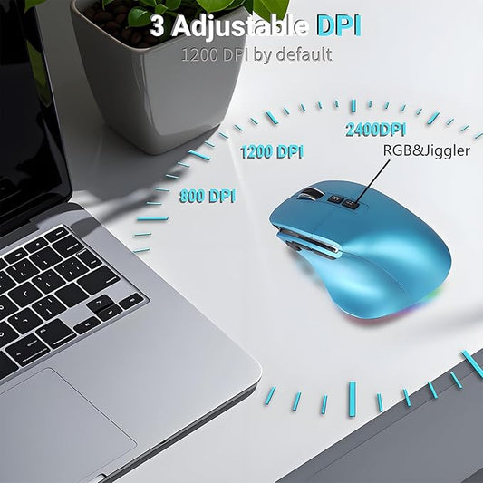 Ergonomic Mouse Jiggler,Bluetooth Vertical Wireless Mouse,LED Rechargeable Optical Computer Mice, Portable(BT5.2 or USB 2.4GHz) Dual Mode,1000/1600/2400 DPI,8 Buttons for Laptop,PC,Macbook (Blue)