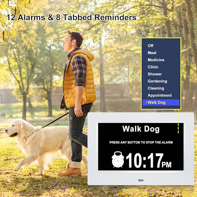 7 Inch Dementia Clock,Digital Calendar Clock with Day and Date of Week,Alzheimer Clocks for Elderly Memory Loss,5 Display Modes,12 Alarms,Auto-Dimming,12/24 hour Clock with 1.5M Adaptor,Auto DST