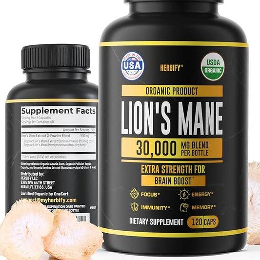 HERBIFY Lions Mane Supplement - Daily Mushroom Supplement for Memory, Focus & Clarity - Brain Booster - Lions Mane Capsules for Natural Immune Support - Vegan, Organic - 120 Capsules