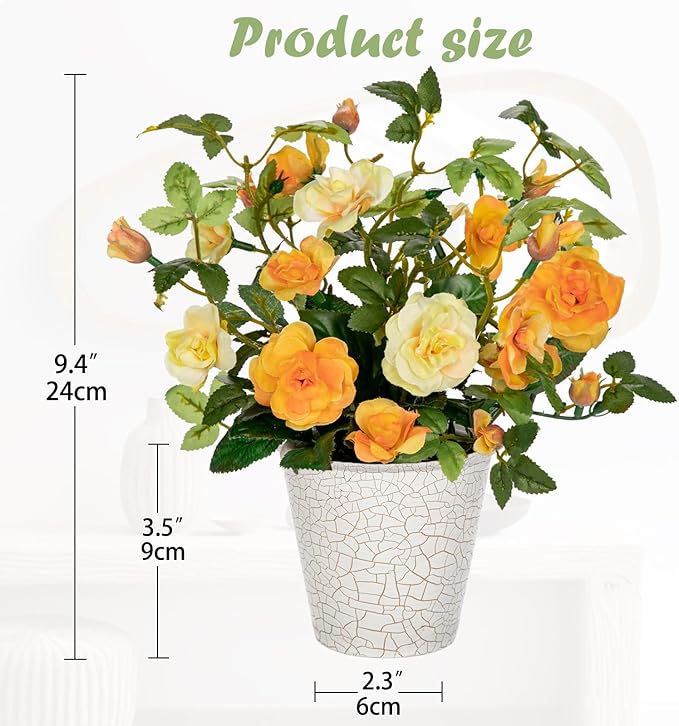 Hollyone Artificial Plants & Flowers in Vase Yellow Camellia Roses Small Faux Flower Plant Arrangement with Pot Fake Rose Flowers Home Decor Office Bathroom Shelf Desk Table Decoration
