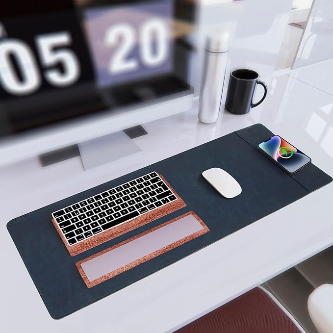 Magnetic Wireless Charging Desk Mat, 31"x11.7" Large Mouse Pad with Ultra-Smooth Surface, Microfiber Leather Office Mouse Mat, Waterproof Extended Computer Keyboard Desk Mat for Office & Home, Laptop