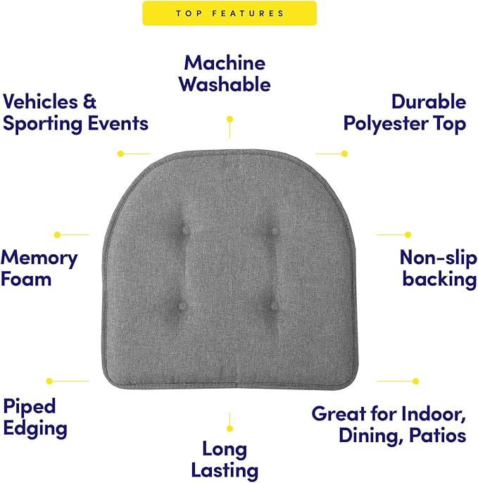 Sweet Home Collection Chair Cushion Memory Foam Pads Tufted Slip Non Skid Rubber Back U-Shaped 17" x 16" Seat Cover, 12 Count (Pack of 1), Grey