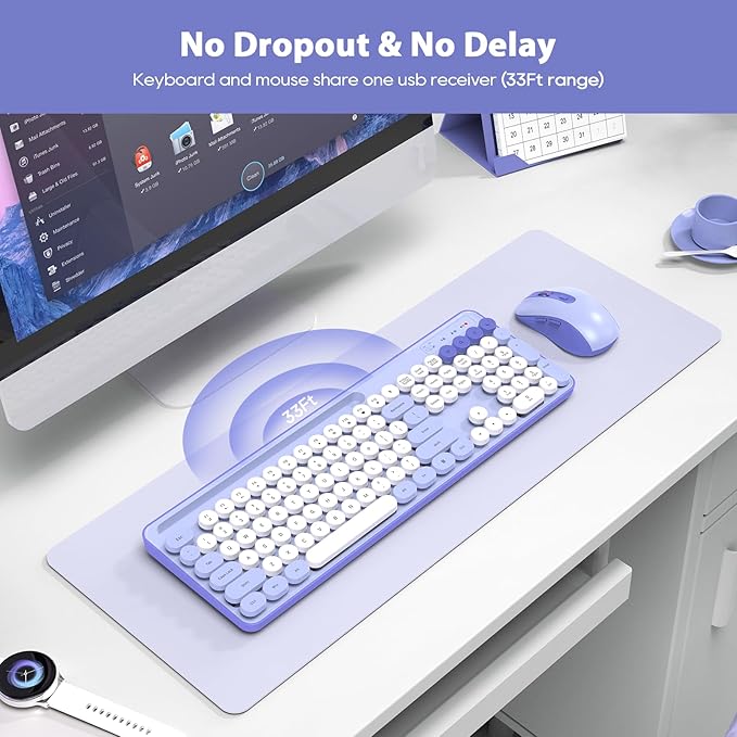Wireless Keyboard and Mouse Combo, Retro Round Keycaps, Cute Full-Size Typewriter Keyboard with Phone Holder, Sleep Mode, Click Soft, 2.4GHz Cordless Connection for Windows/PC/Laptop (Purple-Colorful)