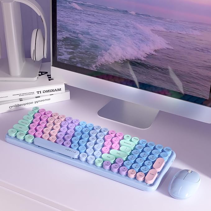 Wireless Keyboards and Mouse Combos, UBOTIE Colorful Gradient Rainbow Colored Retro Typewriter Flexible Keyboard, 2.4GHz Connection and Optical Mouse