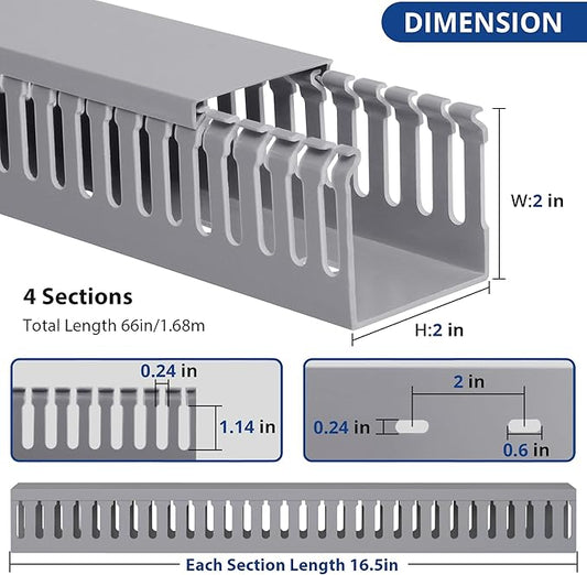 ZhiYo 66in(4X L16.5in) Professional Server Rack Cable Management Raceway, H2in x W2in Cable Raceway Kit, Electrically Safe PVC Open Slot Wire Raceway for Under Desk/Computer/Network Cords, Grey