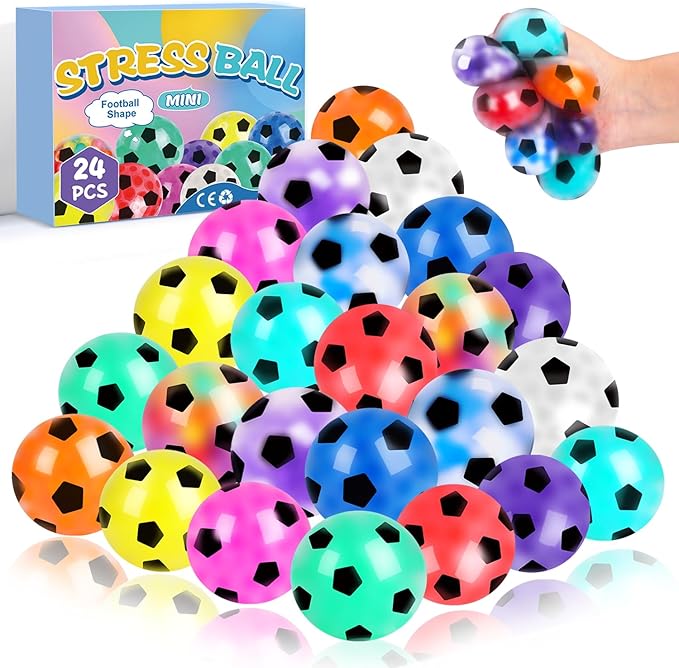 24 Pack Fidget Stress Balls for Adults, Stress Relief Sensory Soccer Stress Ball, Bulk Squishy Squeeze Ball Set for Birthday Gift, Soccer Party Favors, Adult Goodie Bag Stuffers