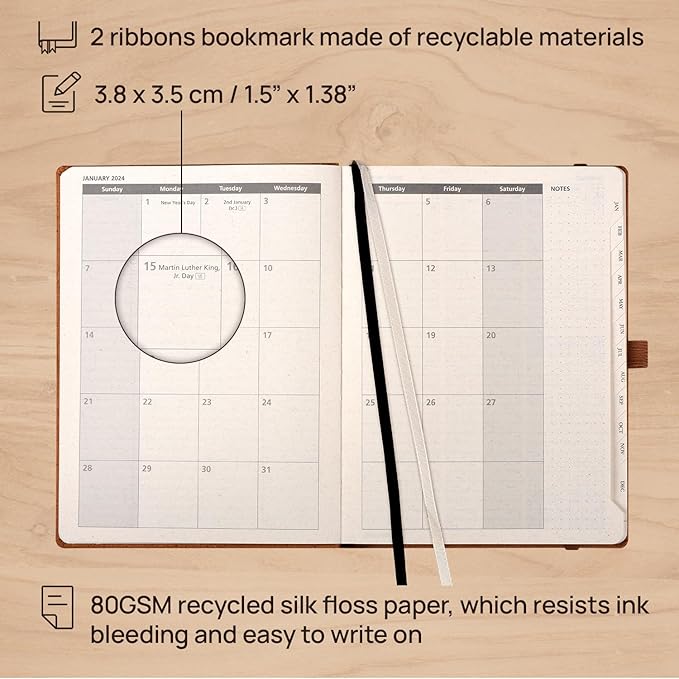 POPRUN 2025 Planner - 2025 Recycled Weekly Planner[6.5''x 8.5''- Italian Regenrated Leather Hard Cover] with Hourly Schedule & Vertical Weekly Layout, Monthly Tabs, Inner Pocket - Desert Brown