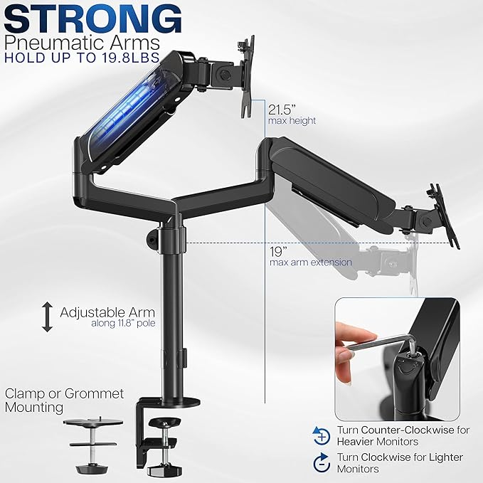 VIVO 17 to 32 inch Dual Pneumatic Monitor Mount, 2 Pneumatic Arms, Adjustable Swivel, Rotation, Heavy Duty VESA Desk Stand with C-clamp, Grommet, Max VESA 100x100, Black, STAND-V002K