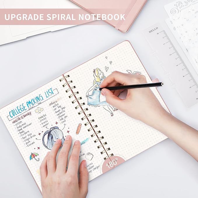 AHGXG Bullet Dotted Journal Spiral Notebook, Hardcover Leather Dotted Notebook 140 Pages, A5 Dot Grid Paper Notebook, 100 gsm Thick Paper, for Bullet Journaling, 5.7" x 8.3", Rose Gold