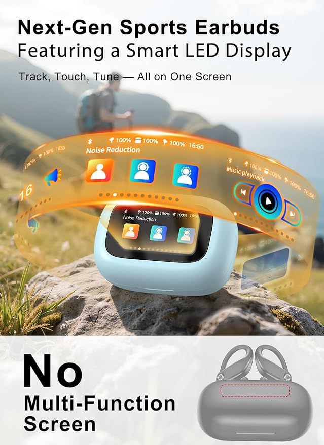 Wireless Earbuds, ENC Noise Cancelling Sport Ear Buds with Multifunctional Touch Screen, Bluetooth 5.4 Headphones, Bass Stereo Sound, 5 EQ Over-Ear Earbuds for Sports/Workout/Gym-Sky Blue