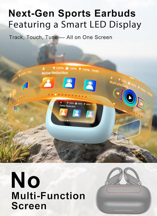 Wireless Earbuds, ENC Noise Cancelling Sport Ear Buds with Multifunctional Touch Screen, Bluetooth 5.4 Headphones, Bass Stereo Sound, 5 EQ Over-Ear Earbuds for Sports/Workout/Gym-Sky Blue