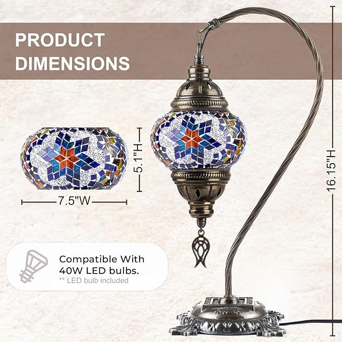 Kafthan Turkish Moroccan Mosaic Lamp – Handmade Glass Swan Neck Bedside Lamp with Antique Brass Base, Ideal Decor for Bedroom, Office, Living Room – Bulb Included (Red & Navy Center Star)