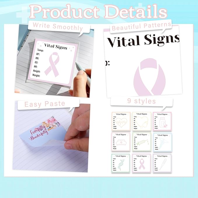 Vital Signs Sticky Notes Gifts, 9 Pack Vitals Notepad 3x3 Inch, Nurse Daily Monitoring Post Memo Pads, Patient Health Checklist Self-Stick Notes Office Hospital Supplies (450 Sheets)