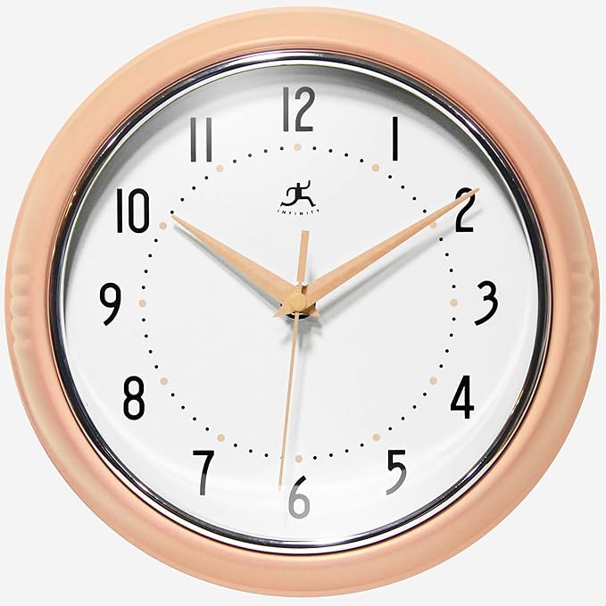 Infinity Instruments Retro 9.5 Inch Round Indoor Wall Clock, Peach Fuzz