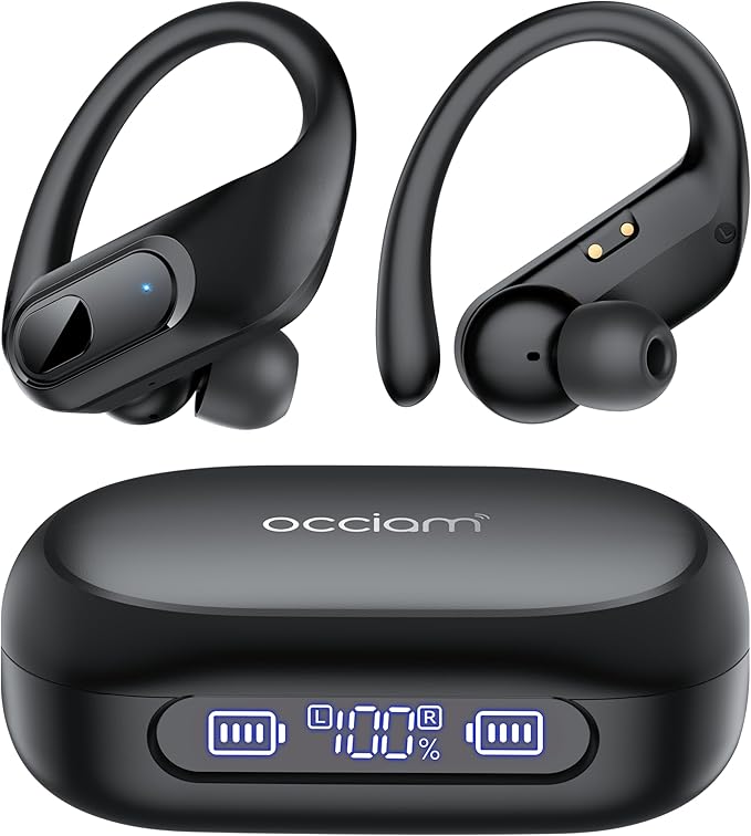 occiam Active Noise Cancelling Ear Buds Wireless Earbuds Bluetooth Headphones 96Hrs Playback LED Display Over-Ear Waterproof Earphones with Earhooks Mics Clear Call for Sport/Running/Workout Black