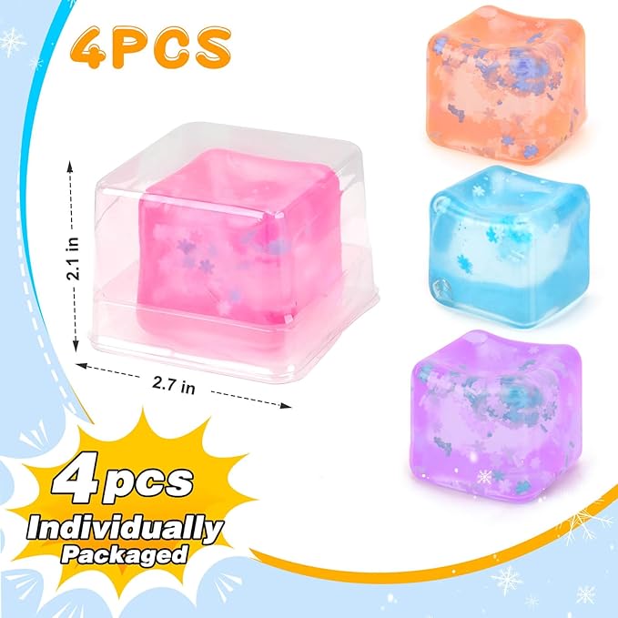 Ice Cube Fidget Toy for All Ages: 4 Pack Soft Cubes Sensory Fidget Ice Cube Stress Ball Squishy Cube Stress Relief Toys for Kids, Teens and Adults Party Favors, Birthday Gift for Kids Age 3+