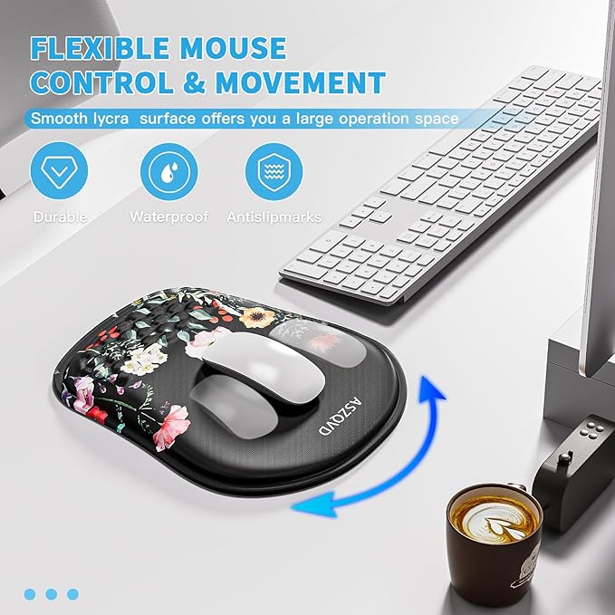 Mouse Pad with Wrist Rest, Ergonomic Mousepads with Wrist Support, Soft Lycra Fabric Memory Foam Office Desk Accessories for Comfort/Pain Relief/PC Gaming/Computer/Laptop (Black Flower)