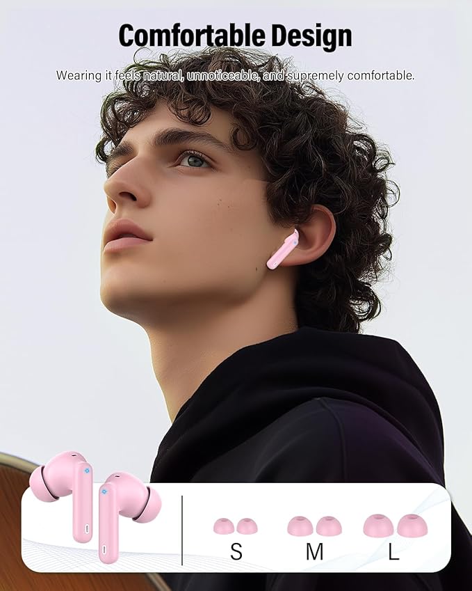 Wireless Earbuds, Bluetooth 5.4 Headphones Bass Stereo, Ear Buds with Noise Cancelling Mic, IP7 Waterproof in Ear Earphones, 36H LED Display Bluetooth Earbuds for Laptop Pad Phones Sports, Pink