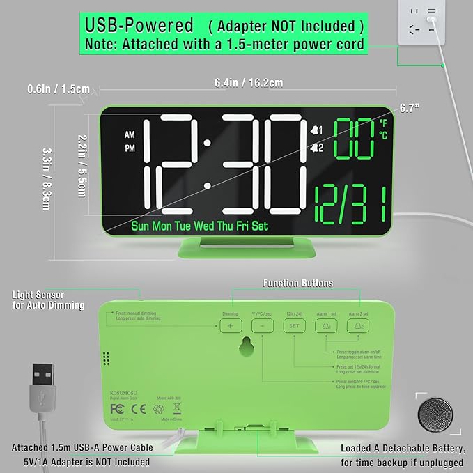 KOSUMOSU Small Digital Clock, 6.7in Alarm Clocks for Bedrooms, Auto Dimming, Room Temperature, Day of The Week, Seconds, Date, Desk Clock for Bedroom, Digital Clocks for Living Room