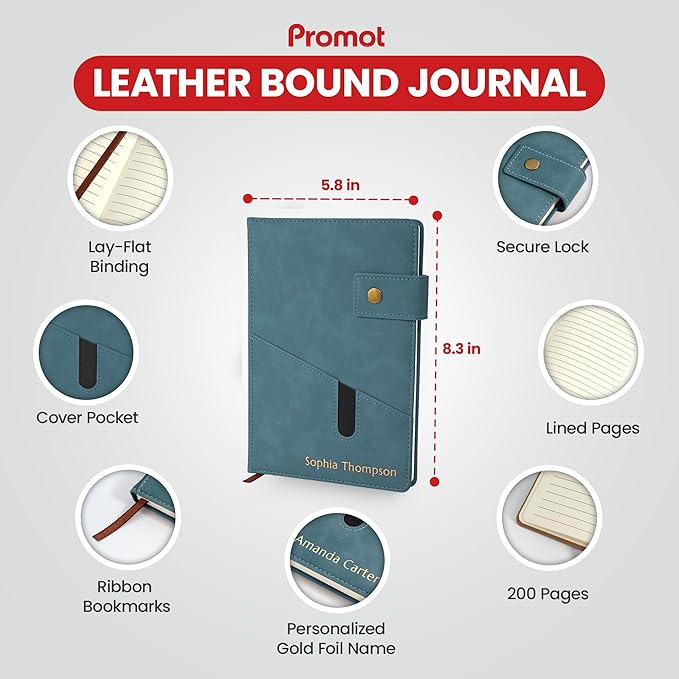 Promot Personalized Notebook - A5 Lined Leather Bound Journal for Writing Women Men - Hardcover Executive Notebook, Daily Journal, Travel Diary, Gift Idea, Custom Embossed Text with Gold Metallic Foil