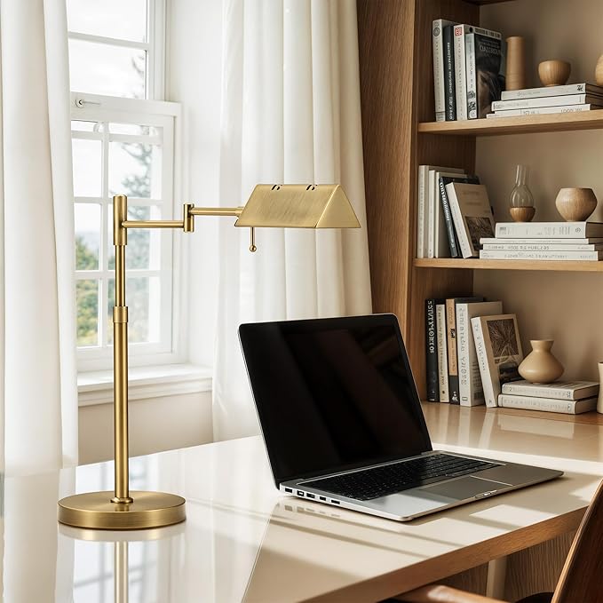 VONLUCE LED Desk Lamp, Adjustable Industrial Style Metal Table Lamp, Dimmable Reading Lamp for Living Room Bedroom Office, Antique Gold