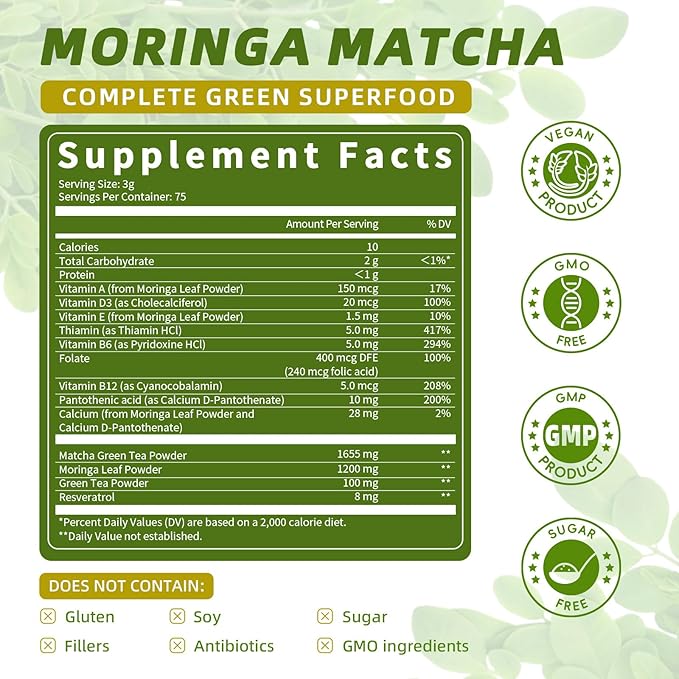 Matcha Powder – Superfood Blend with Moringa & Green Tea & Resveratrol, Energy & Focus Support, Immune & Antioxidant Defense, Vegan, Gluten-Free, 8oz