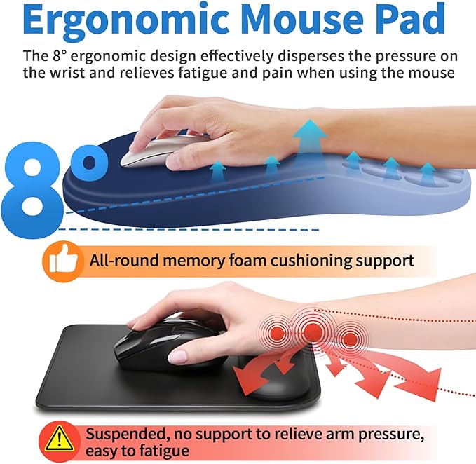 Ergonomic Mouse Pad with Wrist Rest Support, Mousepad with Comfortable Memory Foam Wrist Rest and Non-Slip PU Base for Pain Relief, Computer, Laptop, Office, Home (Gradient Blue)