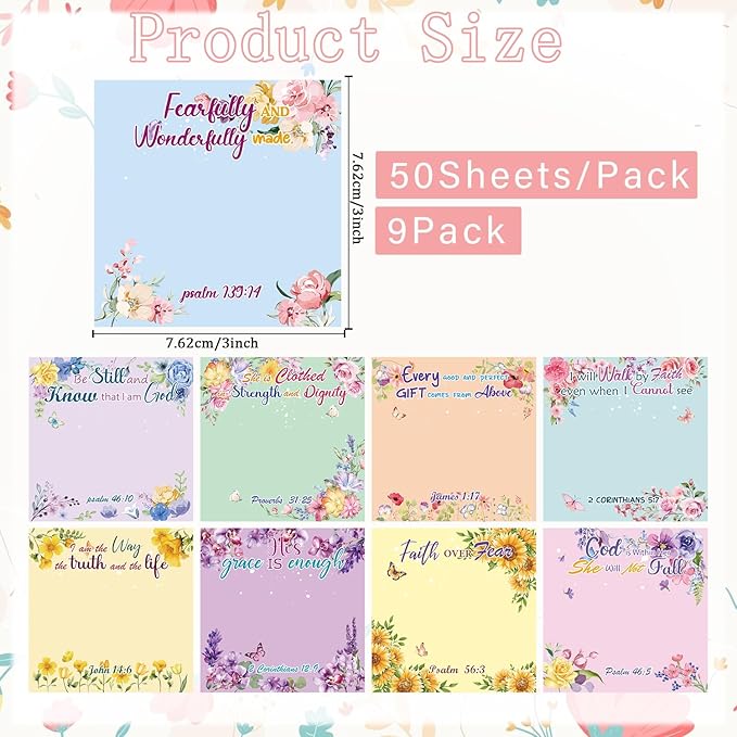 Bible Sticky Notes Gifts - 9 Pack Inspirational Sticky Notes 3x3 Religious Bible Verse Quotes Gifts for Christian Women Biblical Post Notepads School Office Supplies 450 Sheets