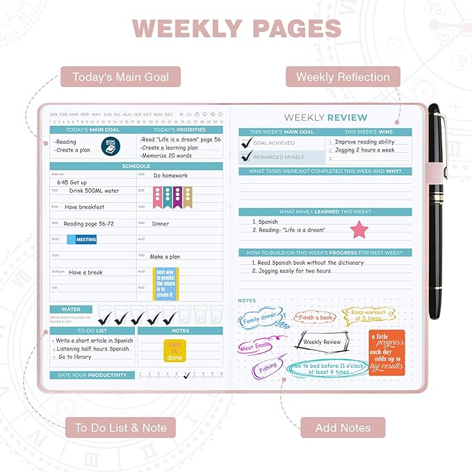 2025-2026 Undated 12 Month Planner Hardcover (5.5x8.5") - Weekly & Monthly Academic Life Organizer, Productivity Journal, Thick Paper, Sticker, Bookmark, Pen Loop(Rose Gold)