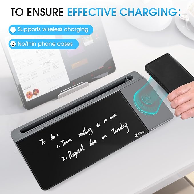 Varhomax Glass Desk Whiteboard with Wireless Charger, Desktop Organizer Dry Erase White Board with Storage, to Do List Memo Notepad for Home Office and School Supplies (Gray & Black)
