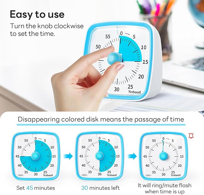Yunbaoit Visual Timer with Night Light, 60-Minute Countdown Timer for Kids and Adults, Silent Classroom Timer, Time Management Tool for Home, School, or Work (Light Blue)