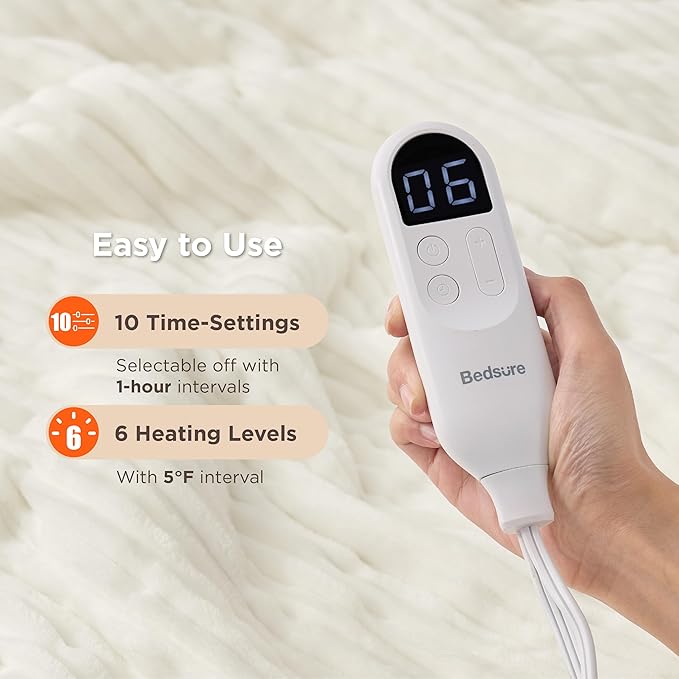 Bedsure GentleSoft Electric Blanket Twin - Soft Ribbed Flannel Heated Blanket, Heating with 10 Time Settings, 6 Heat Settings, and 8 hrs Timer Auto Shut Off, Gifts for Grandma (62"x84", Coconut White)