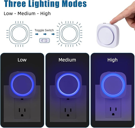 Blue Night Lights Plug into Wall, 4 Packs Dimmable Night Light with Dust to Dawn Sensor, Automatically Turn on and Off, Gentle Glow Nightlight for Bathroom,Bedroom,Stairs,Kitchen,Hallway, Blue